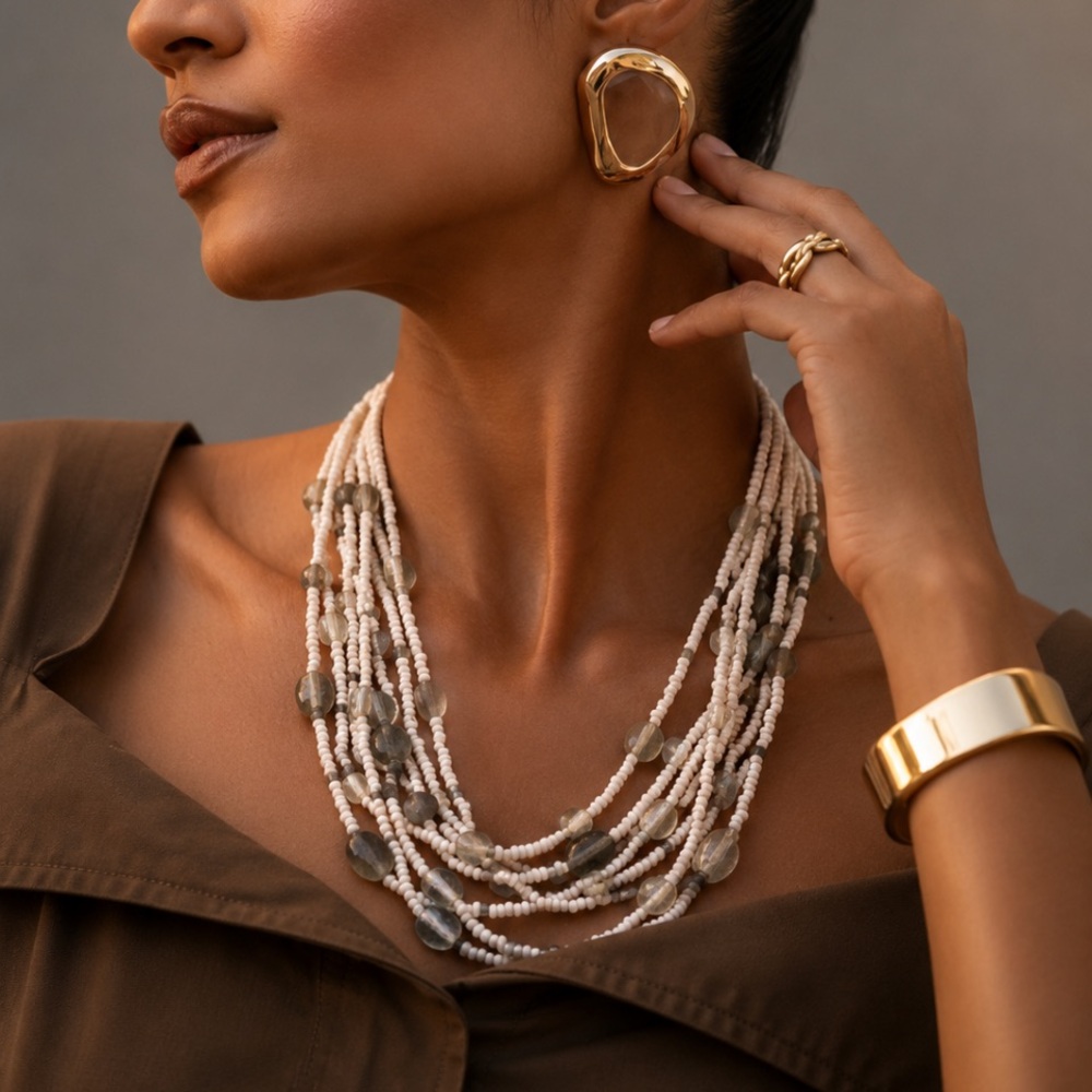 Multi-Strand White Beaded Necklace with Silver Accent Beads
